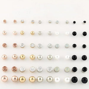 CLASSIC WOMEN'S ROUND BALL METAL GOLD PEARL EARRINGS 30 PAIRS/SET GIFTS CRYSTAL STUD - FREE SHIPPING