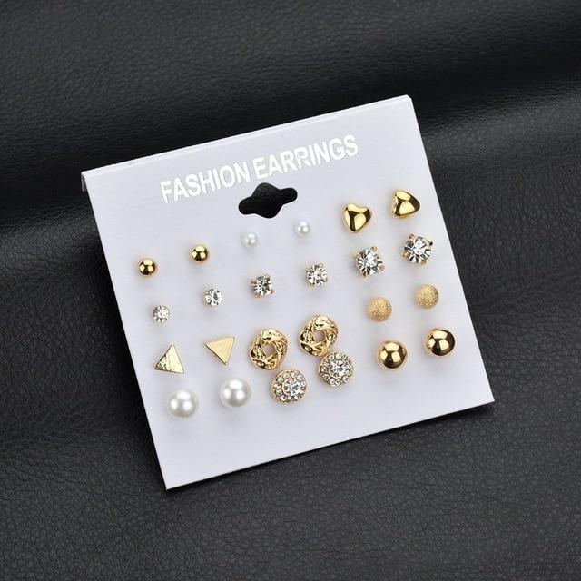 12 PAIR/SET WOMEN SQUARE CRYSTAL HEART STUD PIERCING SIMULATED EARRINGS - FREE SHIPPING